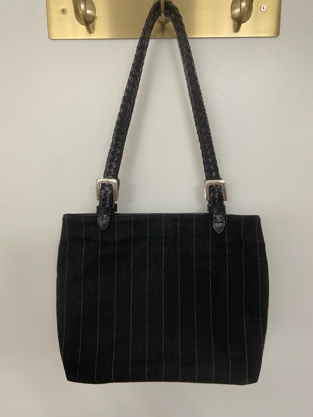 Brighton Black Pinstripe Shoulder Tote with Braided leather Handles